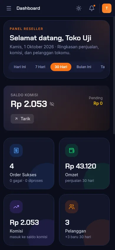 Tampilan dashboard panel reseller
