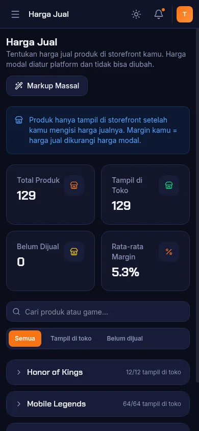 Tampilan halaman harga jual di panel reseller