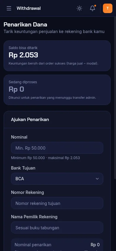 Tampilan halaman penarikan komisi di panel reseller